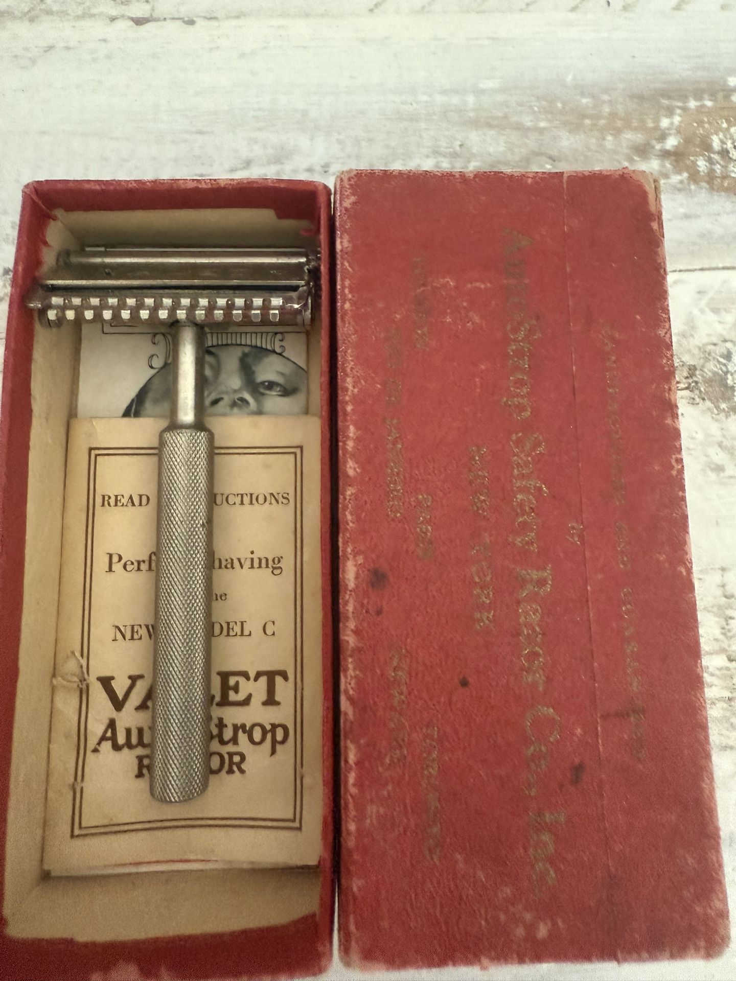 Vintage Valet AutoStrop Single Edge Safety Razor set in its original box, likely from the early 20th century, possibly the 1930s as suggested by simil