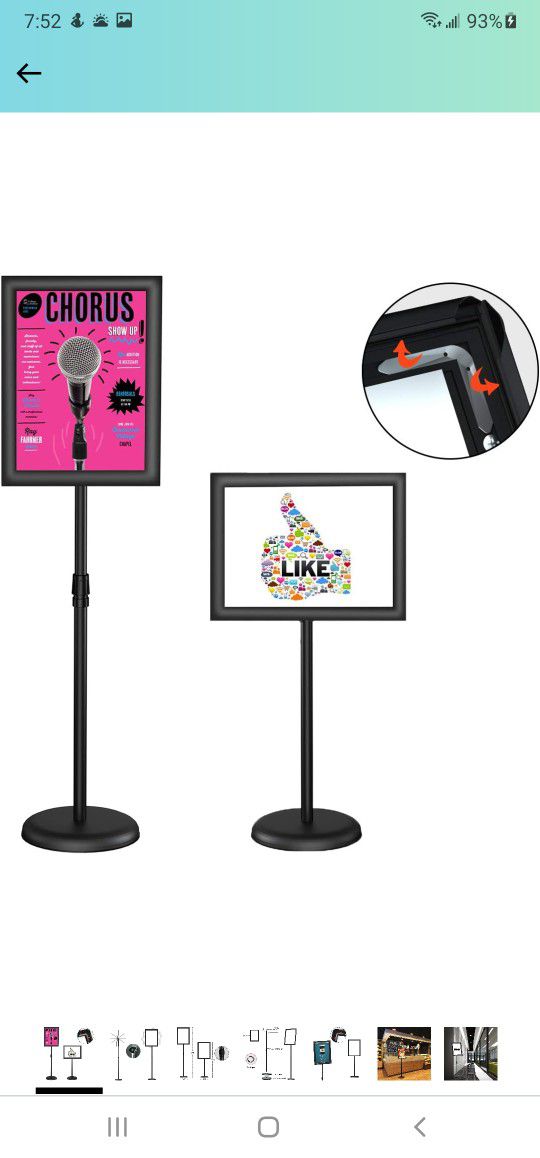 Adjustable Sign Stand, Pedestal Poster Stand 11 x 17 Inch with Heavy Duty Round Base, Aluminum Snap Open Frame, Floor Indoor Outdoor Sign Holder Both 