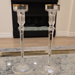 Two Brand New Crystal Candle Holders With Gold Trim