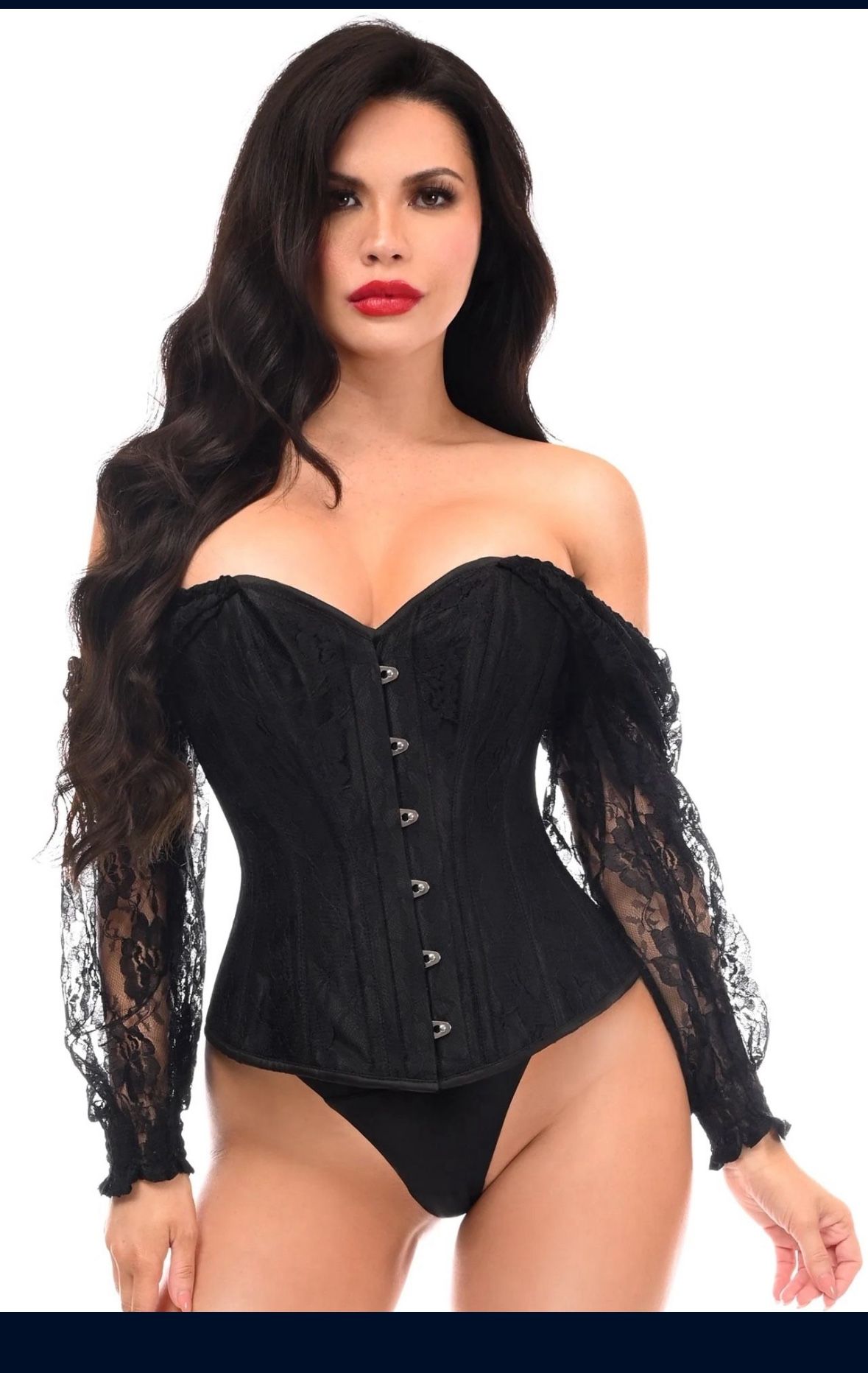 DAISY BLACK W/BLACK LACE STEEL BONED LONG SLEEVE CORSET