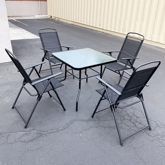 New $175 Outdoor Patio 5pcs Dining Set with 32x32” Table and 4pc Folding Chairs 