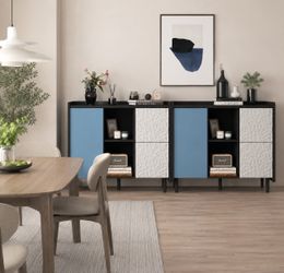 2pcs Wooden Storage Cabinet with 2 Drawers and 2 Open compartments.(Blue-1 Door)