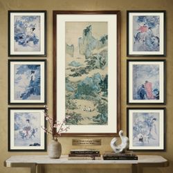7-Piece Vintage Classic Chinese Art Print Gallery Set - Framed with Calligraphy