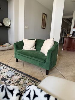 Green Velvet Loveseat with Dark Wood Legs