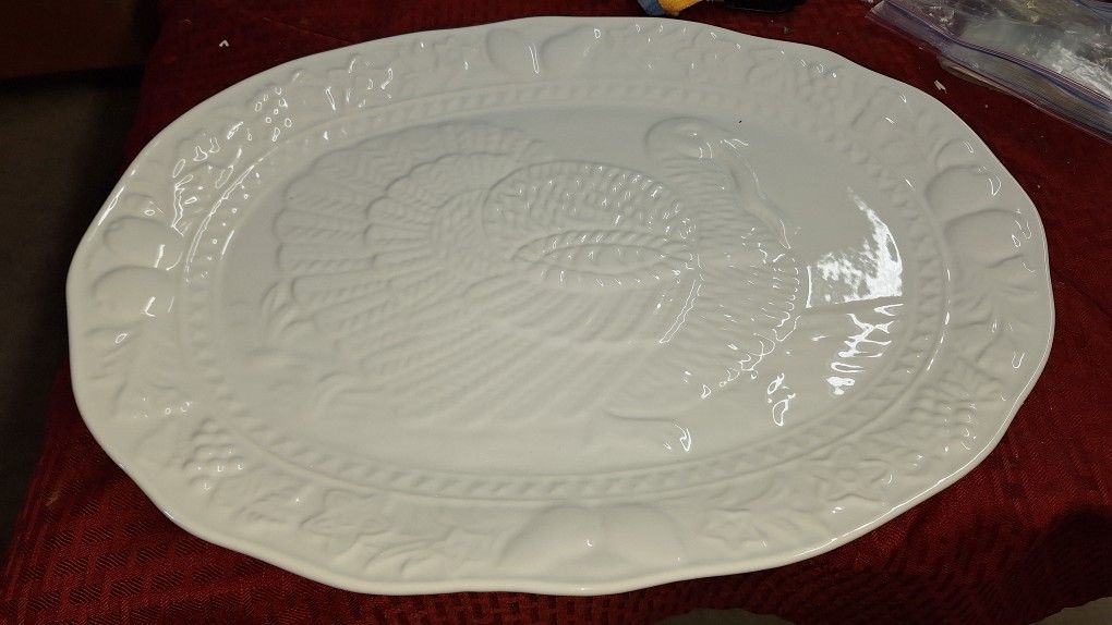 JC Penny Large White Ceramic Turkey Serving Platter 17 Inches X 13 Inches