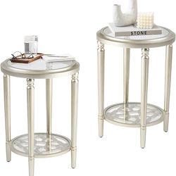 Set of 2 Modern Round End Table, 2-Tier Champagne Side Table with Tempered Glass Tabletop, Wood Accent Table with Storage Shelf for Living Room, Bedro
