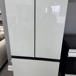 New 36”Samsung Bespoke 30 cu. ft. Standard Depth 3-Door French Door Smart Refrigerator in White Glass with Beverage Center