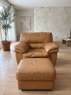 Orange Leather Chair with Ottoman