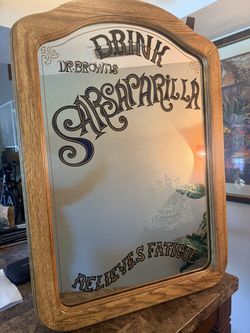 VINTAGE RUSTIC OAK WALL MIRROR DRINK DR. BROWN'S SARSAPARILLA SODA BEER BAR SIGN