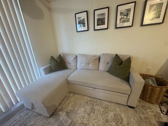 Sleeper Sectional Sofa with Pull-out Bed and Storage Chaise, Linen Blend Beige – For Living Room