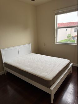 White Full Size Bed Frame + Mattress, Like New