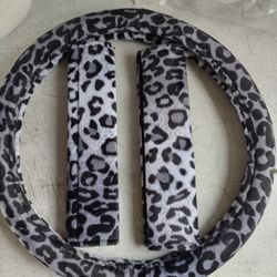 3pc Leopard Grey Steering Wheel & Seat Belt Covers