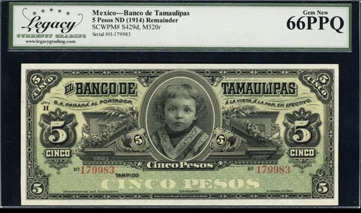 1914 5 Pesos Banco de Tamaulipas Remainder Note. Legacy Gem New 66 PPQ