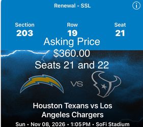 2 NFL Tickets Chargers vs Texans SoFi Stadium