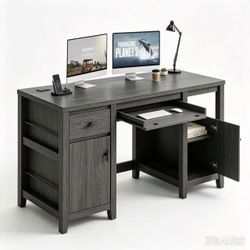 Farmhouse-style computer desk. Comes with a pull-out keyboard tray, drawers, A farmhouse-style computer desk that's 58 inches wide × 22 inches deep × 