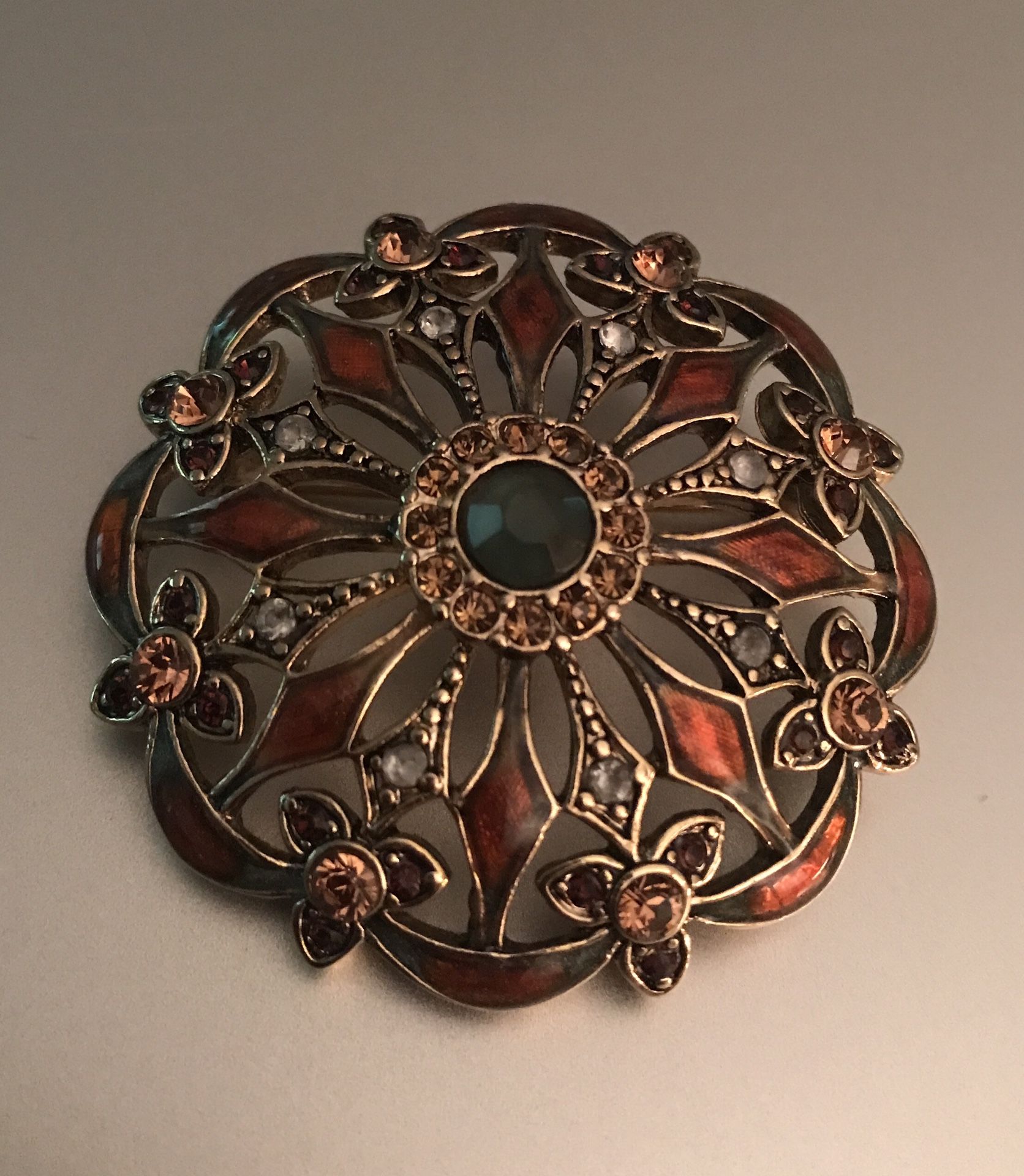 Vintage Monet Medallion Flower Domed Rhinestone Enamel Brooch Signed