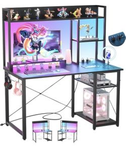 NEW Cyclysio Gaming Desk with Hutch, 39'' Computer Desk with LED Lights & Power Outlets