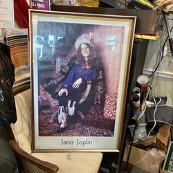 25x37 framed picture of THE GREAT JANIS JOPLIN!  What a lady!  85.00.  Johanna at Antiques and More. Located at 316b Main Street Buda. Antiques vintag