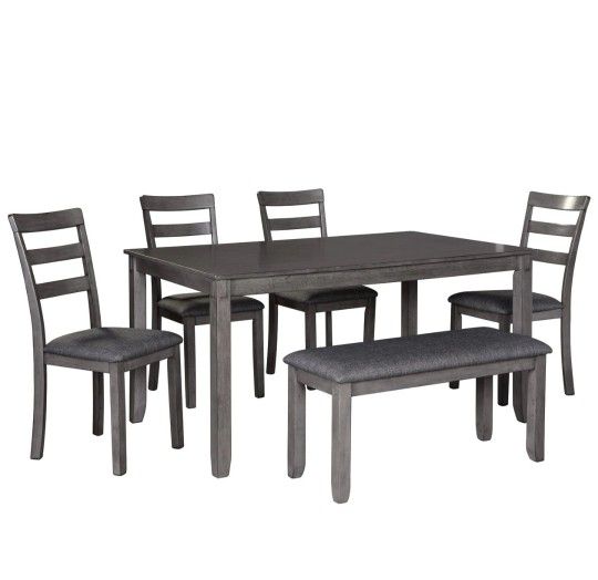 [SPECIAL] Bridson Gray Dining Table and Chairs with Bench (Set of 6)


