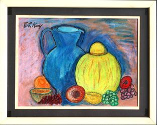 Blue & Yellow Jugs framed original oil painting still life by Elbert L. King