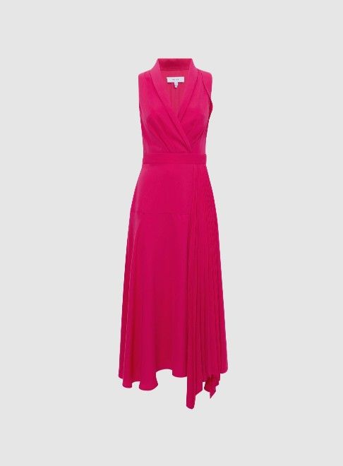 REISS Dress ClairePleated Fitted Midi Dress in Pink