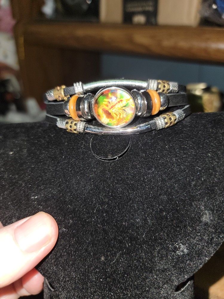 Three Piece Black Leather Horoscope Bracelet Scorpio
