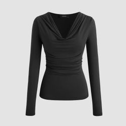 Cider Cowl Neck Solid Long Sleeve Top in Black - size S/4