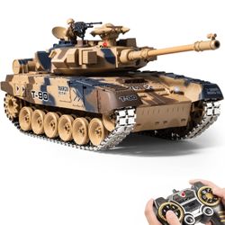 RC Tank, 1:18 Aluminium Alloy Tracks Remote Control Model Tank Toys, 2.4Ghz RUS T-90 Army Tank with Smoke, Light &Sound, RC Military Vehicle That 