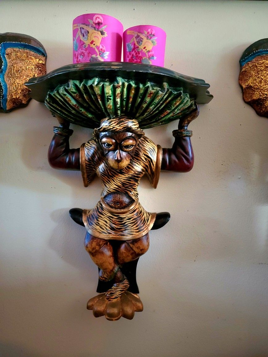 Vintage Hollywood Regency Monkey Wall Shelf Sconce 18"×14"