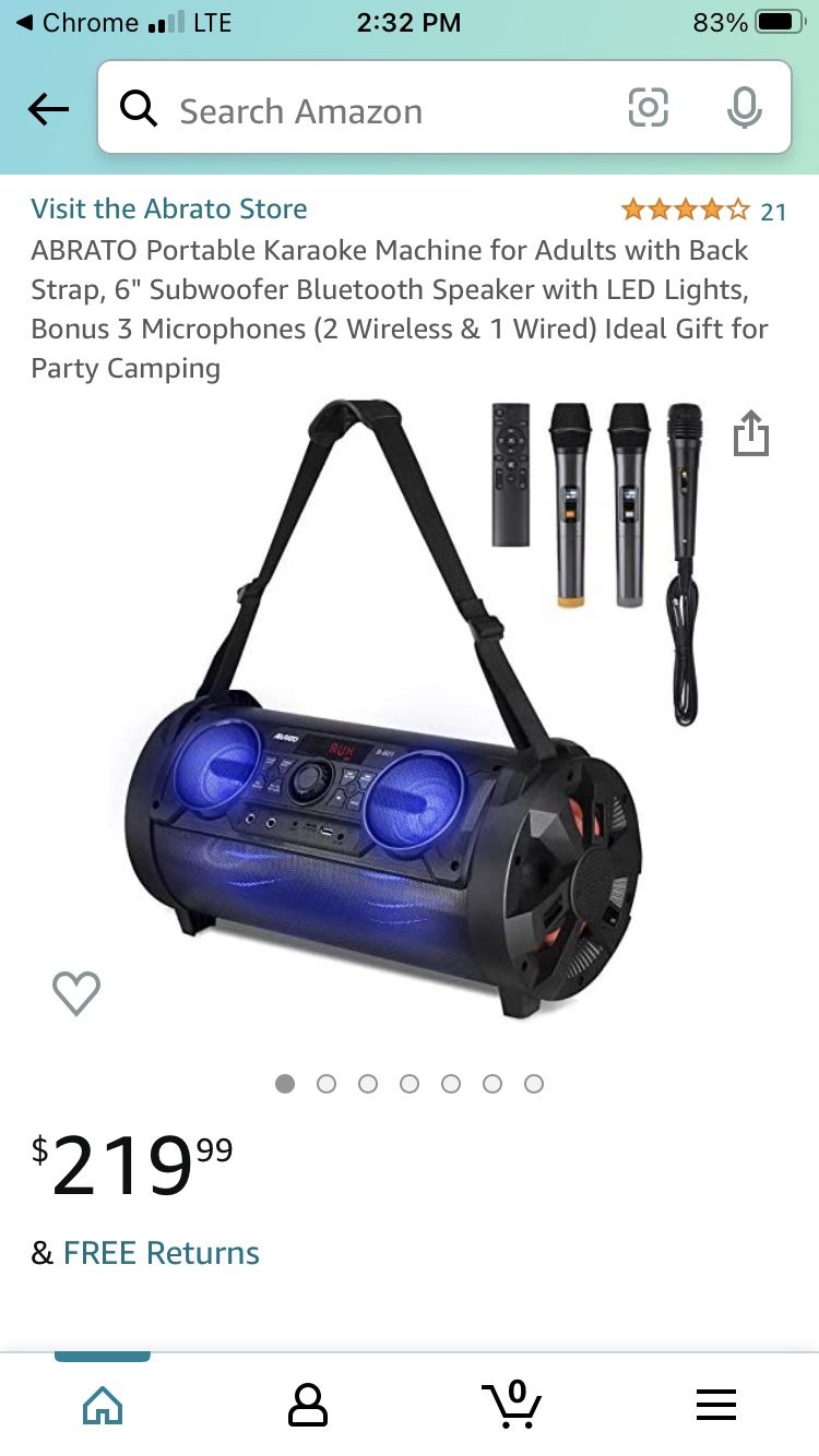 ABRATO Portable Karaoke Machine for Adults with Back Strap, 6" Subwoofer Bluetooth Speaker with LED Lights, Bonus 3 Microphones (2 Wireless & 1 Wired)