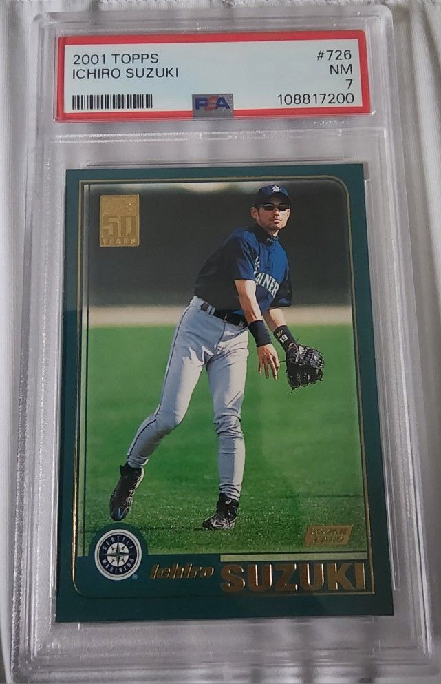 2001 TOPPS #726 ICHIRO SUZUKI ROOKIE CARD, PSA 7 NM