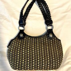 Brighton Woven Straw Dark Black /Tan Shoulder Bag w/Black Leather Trim - Pockets