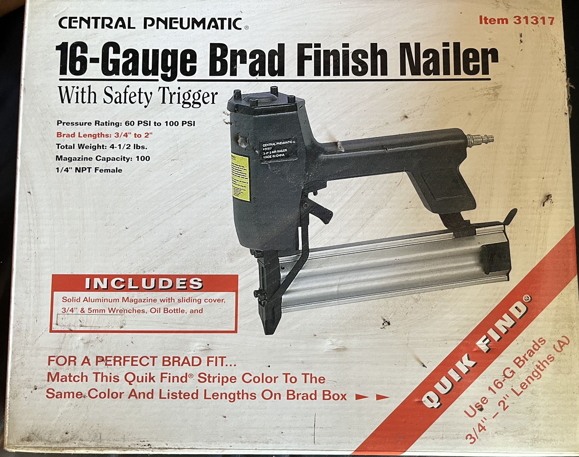 central pneumatic 16 gauge brad finish nailer