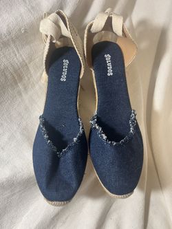 Soludos Sandals Women’s Dark Blue Denim Fringe Espadrille Wedge Size 11
