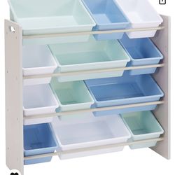 Amazon Basics Kids Toy Storage Organizer with 12 Plastic Bins, Grey Wood with Blue Bins