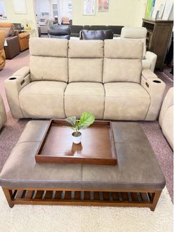 Greymel-fabric sofa with two power recliners and six usb ports