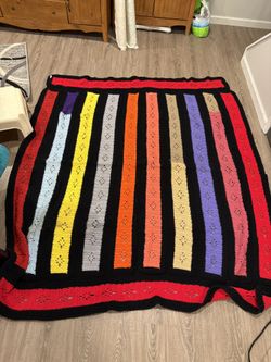 Hand Made Rainbow Paneled Striped Bold Color Afghan / Throw Blanket 66” x 75”  