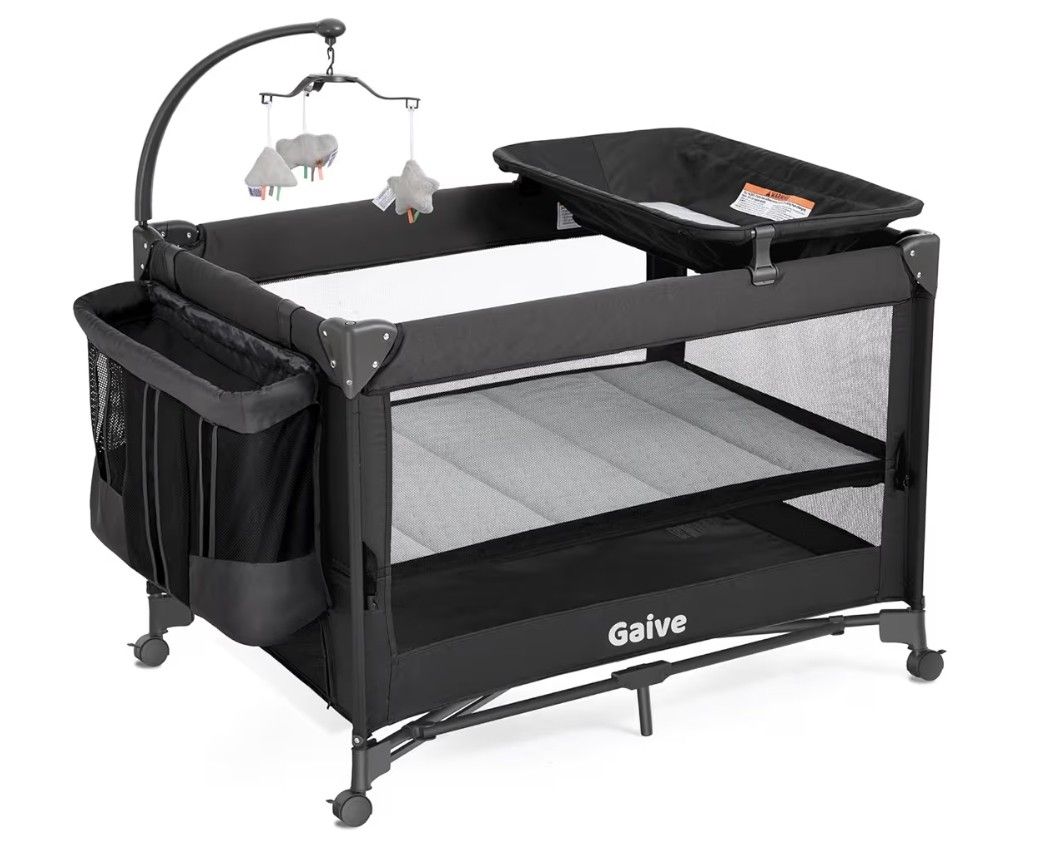 4 in 1 Baby Bassinet, Pack and Play, Bedside Crib Sleeper, Diaper Changer – Includes Comfy Mattress, Rocking Toy for Newborns to Toddlers (Black)