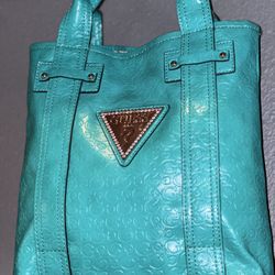 GUESS Monogram Leather Teal Women's Small Tote Bag Purse Shoulder Bag Studded 