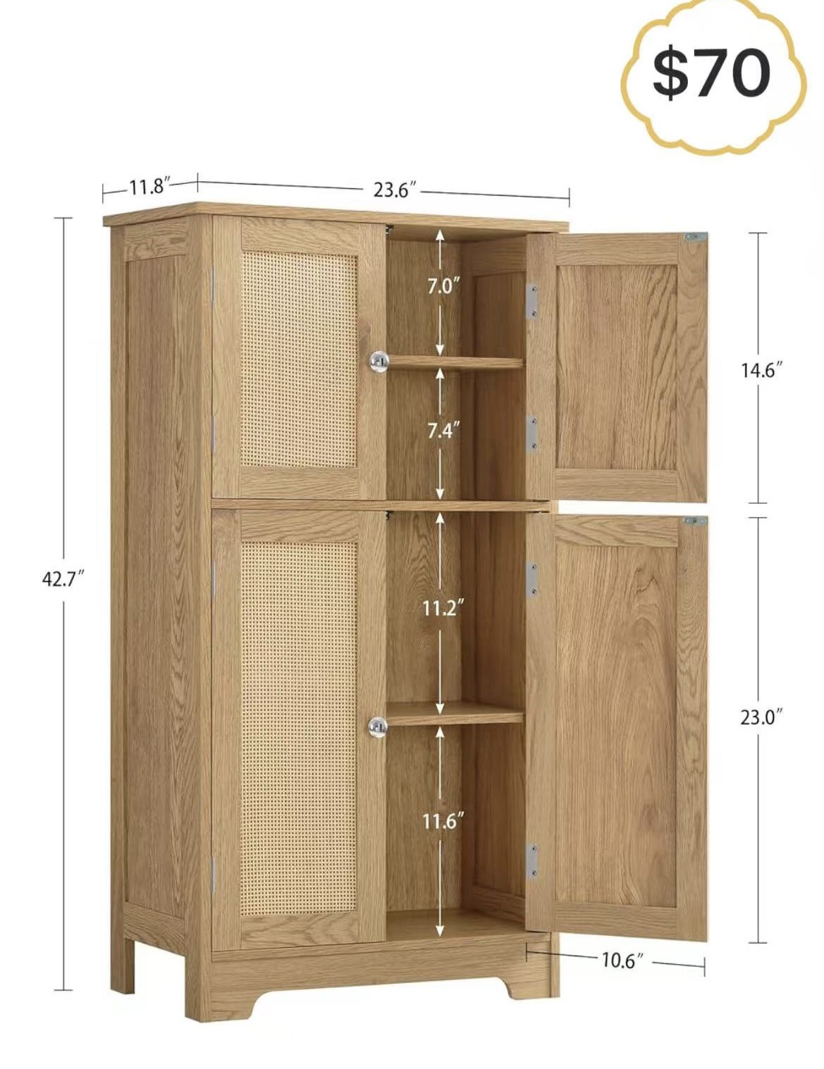 😀 Storage Cabinet, Rattan Cabinets with 2 Adjustable Shelves & 4 Doors, Bathroom Cabinet, Cupboard, Floor Cabinets for Living Room, Entryway, Kitchen