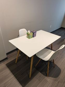 Mid-Century Modern Dining Table with 2 Chairs (White & Natural Wood)