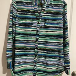 Kim Size PXL Blue & Green Stripes Button Front Blouse. 