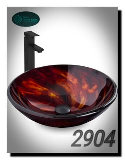 SOLIDEE Tempered Glass Vessel Sink – Flame Red Bathroom Above Counter Vanity Bowl with Black Faucet & Pop-Up Drain Set, Modern Artistic Round Glass Si