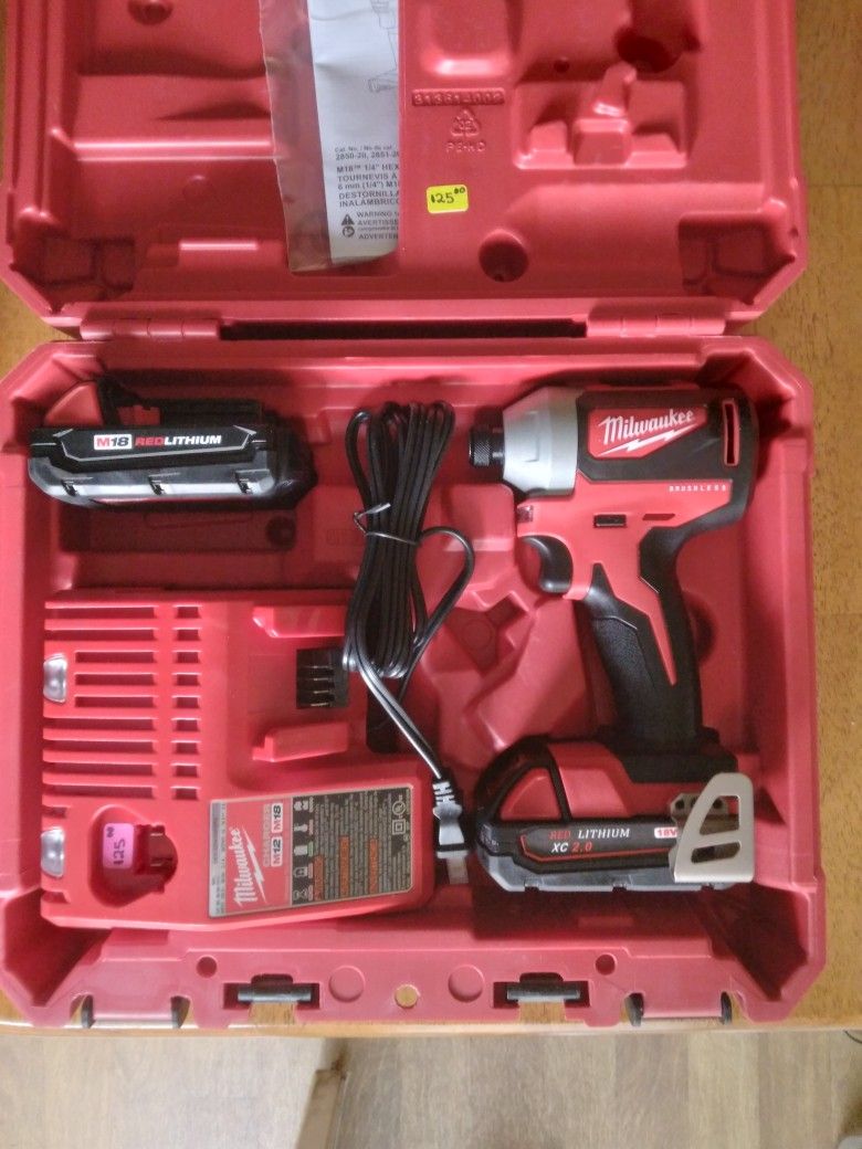 Full Price Only Milwaukee M18 Compact Brushless Impact Driver Kit With 2.0 Amp Hour Battery Charger And Case