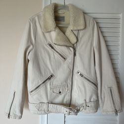 ALLSAINTS Women's Natural White Faux Sherpa Lining Denim Biker Jacket Size US6