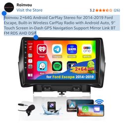 Roinvou 2+64G Android CarPlay Stereo for 2014-2019 Ford Escape, Built-in Wireless CarPlay Radio with Android Auto, 9'' Touch Screen in-Dash GPS Naviga