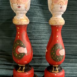 Vintage Hand Painted Pair Of Santa Candle Holders