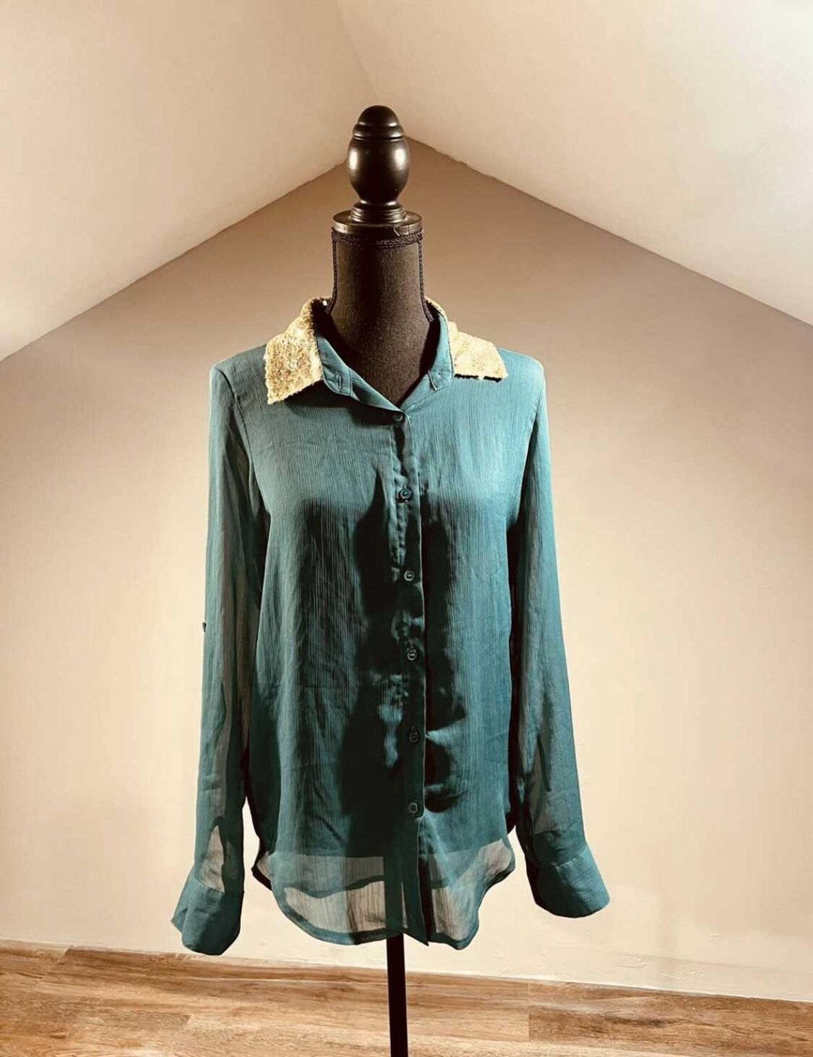 Small Green Button Up with Gold Sequin Collar