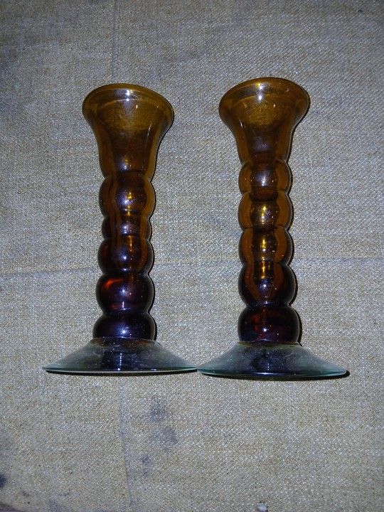 Set Of 7in Handblown Amber Glass Candle Holders