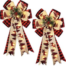 Prelit 2 PCS 20"x 11" Large Christmas Bows Decorations with 20 Lights Battery Operated Christmas Bow for Tree Topper Black Red Buffalo Plaid Elk Berry